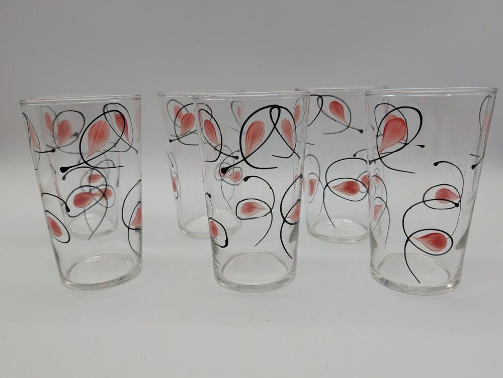 Six Federal Glass Tumblers 4 7/8 In Pink Petals Black Swirls Retro Mod